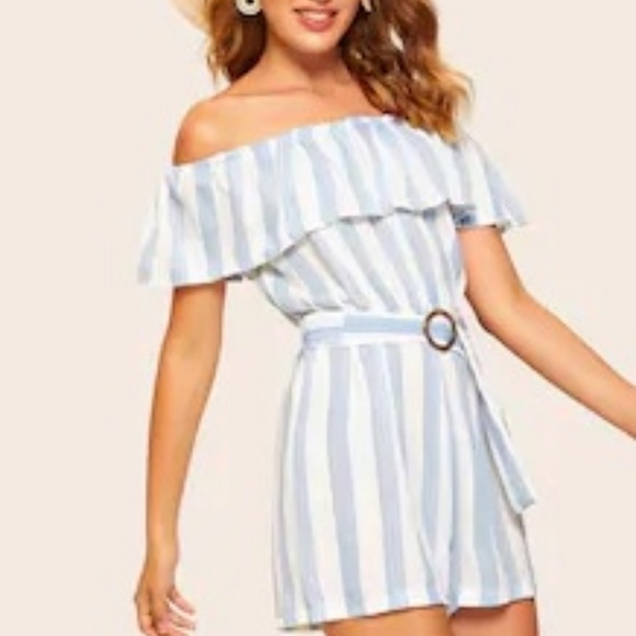 Striped ruffle trim belted off the shoulder romper - Picture 4 of 5